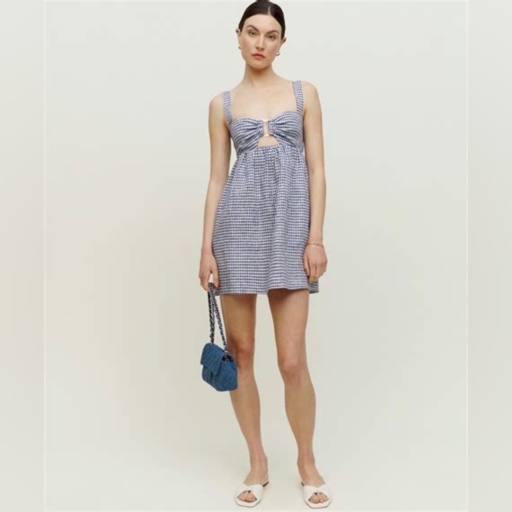 Reformation 'Noel' Navy Gingham Cutout Linen Mini Dress, Size 8